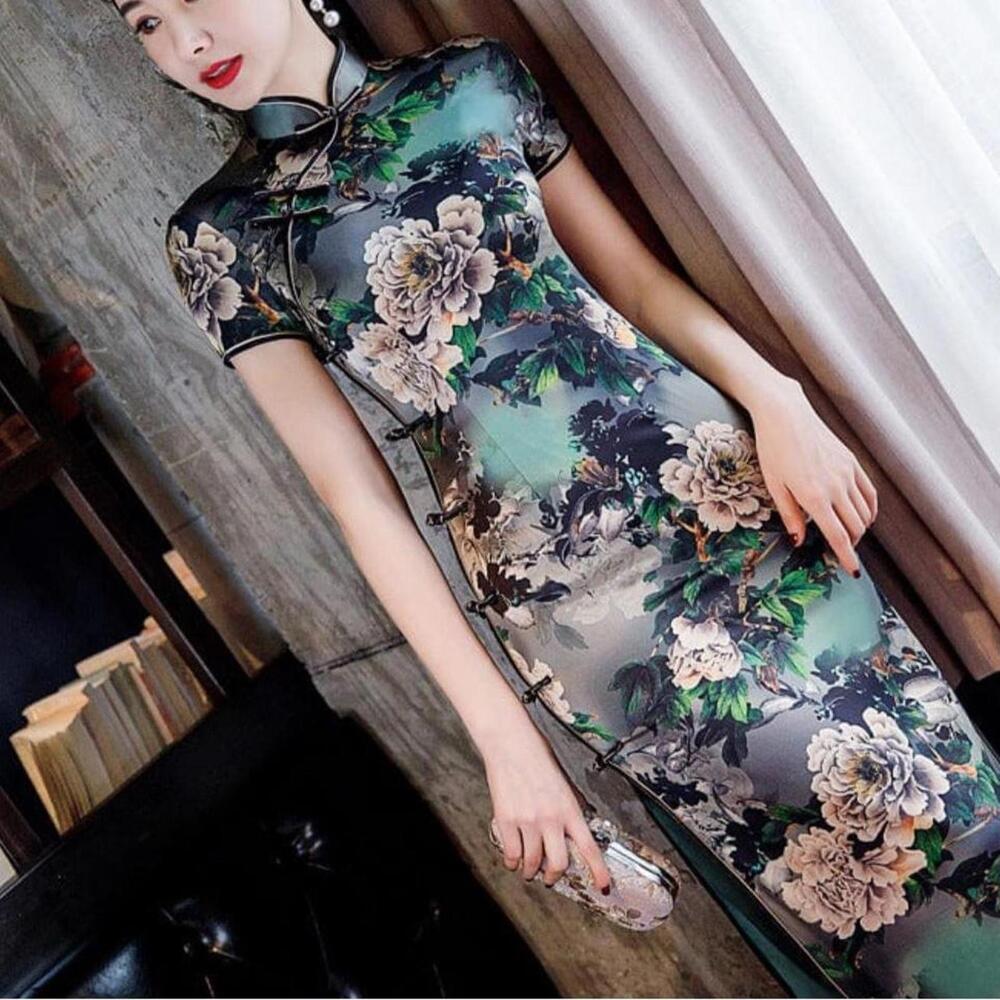 Real silk qipao cheungsam size small women Chinese china formal dress green gown